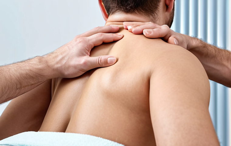 **A person receiving manual therapy on their neck and upper back from a skilled therapist, focused on soft tissue techniques. The setting is a modern, clean physiotherapy clinic.**